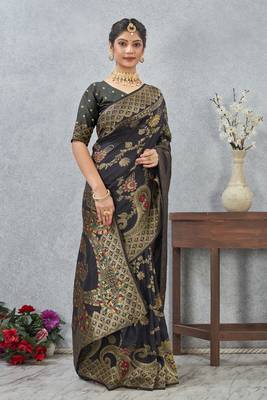 black banarasi silk blend meenakari work saree with blouse 2