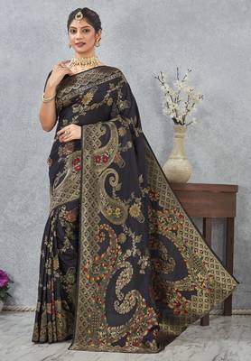 black banarasi silk blend meenakari work saree with blouse 3