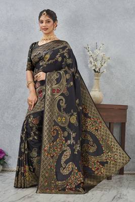 black banarasi silk blend meenakari work saree with blouse 4