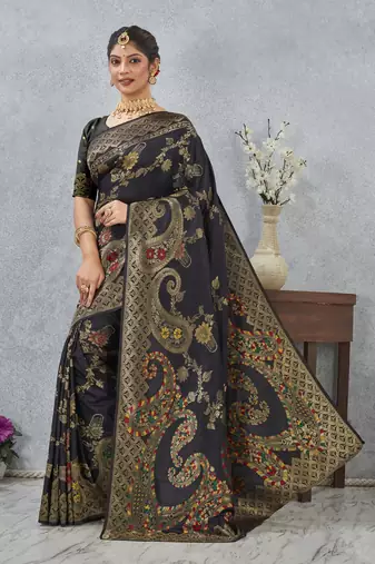 black color banarasi silk blend meenakari work saree with blouse