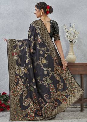 black banarasi silk blend meenakari work saree with blouse 5