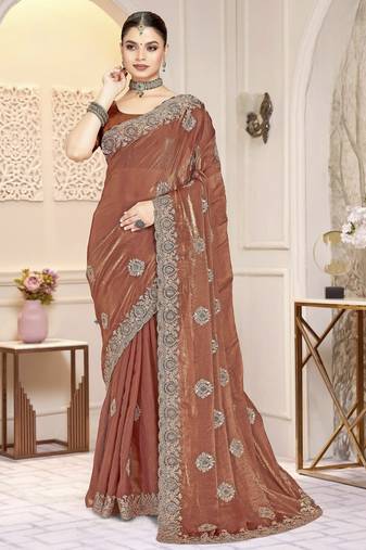 Gold color zirkon work & codding embroidered fendy satin silk  saree with blouse