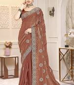 Gold color zirkon work & codding embroidered fendy satin silk  saree with blouse