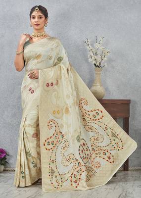 off-white color banarasi silk blend meenakari work  saree with blouse 1
