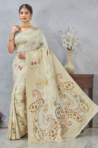 off-white color banarasi silk blend meenakari work  saree with blouse