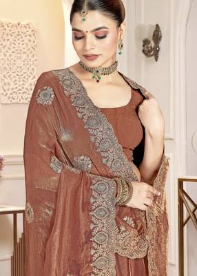 Gold zirkon work & codding embroidered fendy satin silk blend saree with blouse 2