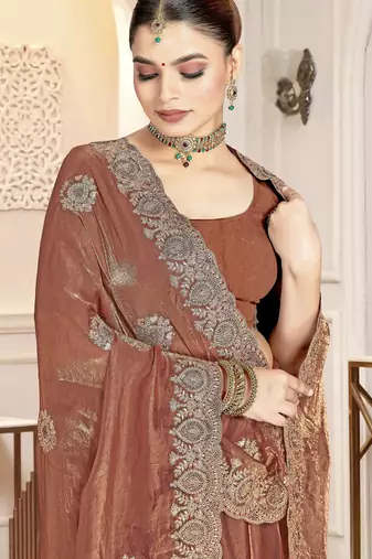 Gold color zirkon work & codding embroidered fendy satin silk blend  saree with blouse