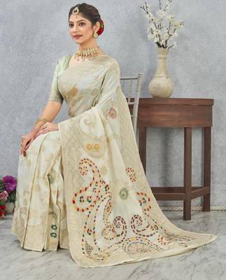 off-white color banarasi silk blend meenakari work  saree with blouse 2
