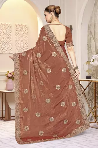 Gold color zirkon work & codding embroidered fendy satin silk blend  saree with blouse
