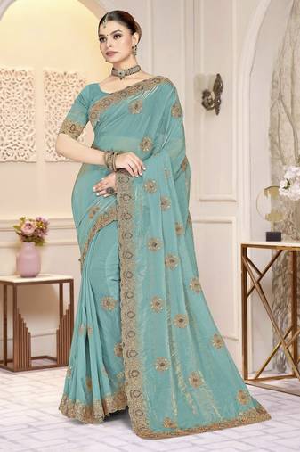 Sky blue color zirkon work & codding embroidered fendy satin silk  saree with blouse