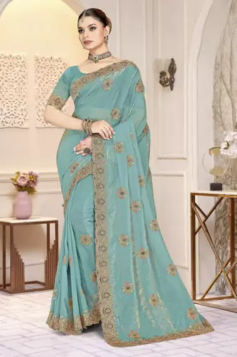 Sky blue color zirkon work & codding embroidered fendy satin silk  saree with blouse
