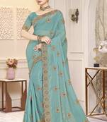 Sky blue color zirkon work & codding embroidered fendy satin silk  saree with blouse