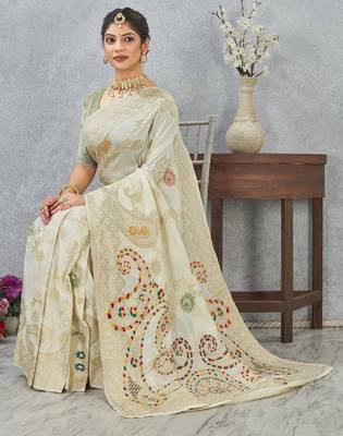 off-white color banarasi silk blend meenakari work  saree with blouse 3