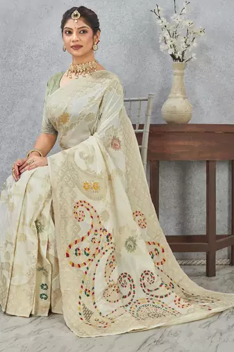 off-white color banarasi silk blend meenakari work  saree with blouse