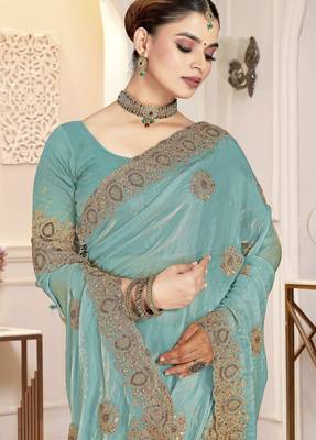 Sky blue color zirkon work & codding embroidered fendy satin silk blend  saree with blouse 2