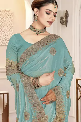 Sky blue color zirkon work & codding embroidered fendy satin silk blend  saree with blouse