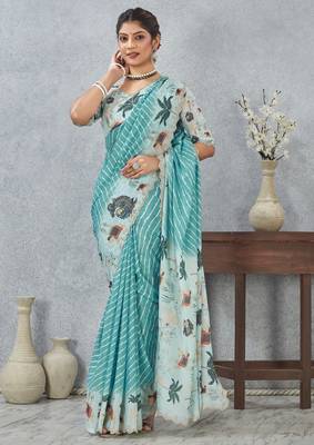 Sky blue zirkon cut border worksatin digital printed saree with blouse 1