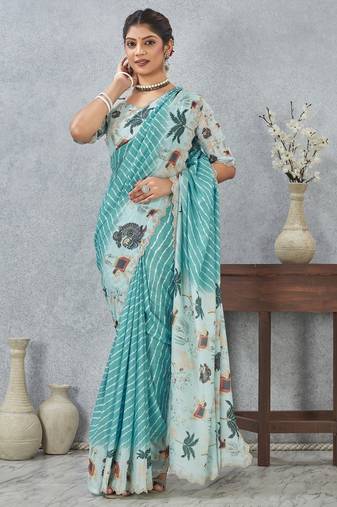 Sky blue color zirkon cut border worksatin digital printed saree with blouse