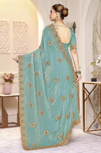 Sky blue color zirkon work & codding embroidered fendy satin silk blend  saree with blouse
