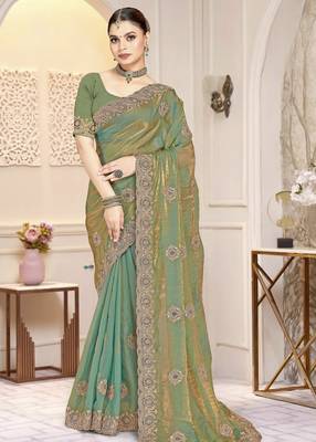 Blue color  zirkon work & codding embroidered fendy satin silk blend  saree with blouse 1