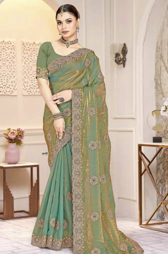 Blue color  zirkon work & codding embroidered fendy satin silk  saree with blouse