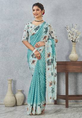 Sky blue zirkon cut border worksatin digital printed saree with blouse 2