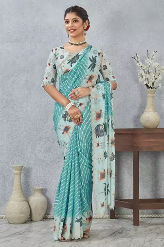Sky blue zirkon cut border worksatin digital printed saree with blouse