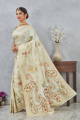 off-white color banarasi silk blend meenakari work  saree with blouse 4