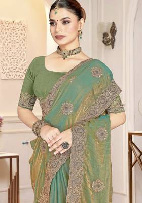 Blue color  zirkon work & codding embroidered fendy satin silk blend  saree with blouse 2