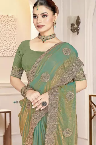 Blue color  zirkon work & codding embroidered fendy satin silk blend  saree with blouse