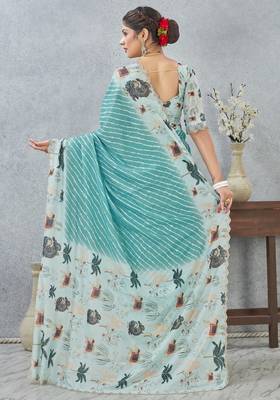 Sky blue zirkon cut border worksatin digital printed saree with blouse 3