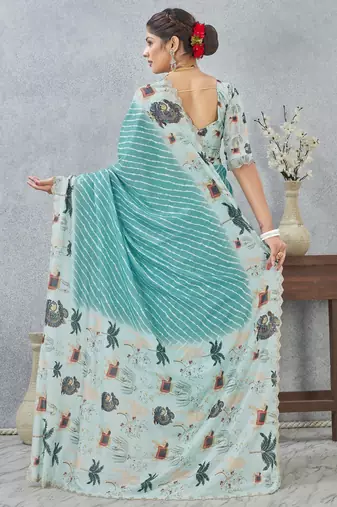 Sky blue zirkon cut border worksatin digital printed saree with blouse