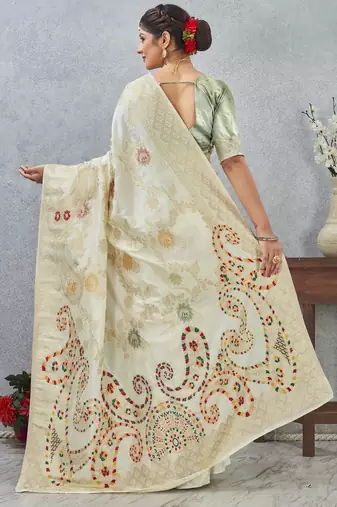 off-white color banarasi silk blend meenakari work  saree with blouse