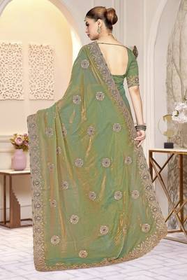 Blue color  zirkon work & codding embroidered fendy satin silk blend  saree with blouse 3