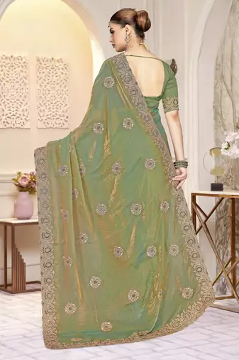 Blue color  zirkon work & codding embroidered fendy satin silk blend  saree with blouse