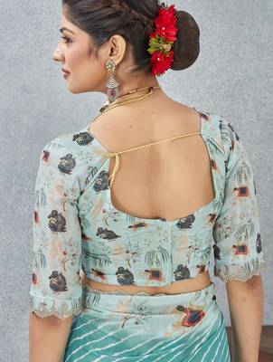 Sky blue zirkon cut border worksatin digital printed saree with blouse 4