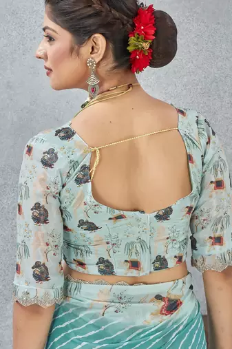 Sky blue zirkon cut border worksatin digital printed saree with blouse