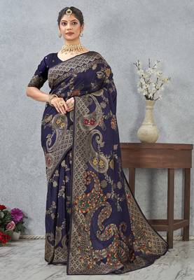 navy blue color banarasi silk blend meenakari work saree with blouse 1