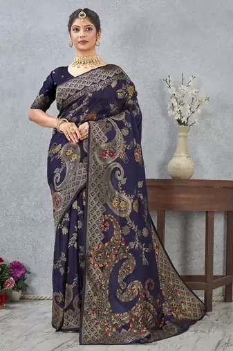 navy blue color banarasi silk blend meenakari work saree with blouse