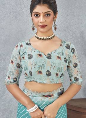 Sky blue zirkon cut border worksatin digital printed saree with blouse 5