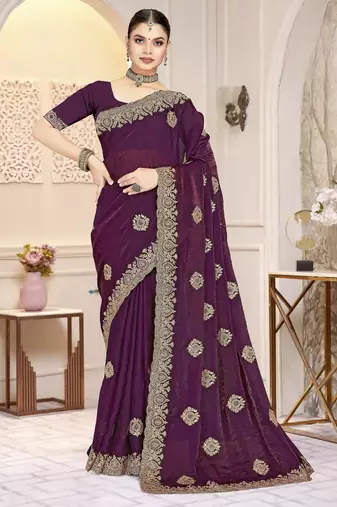 Wine color zirkon work & codding embroidered fendy satin silk  saree with blouse