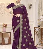 Wine color zirkon work & codding embroidered fendy satin silk  saree with blouse