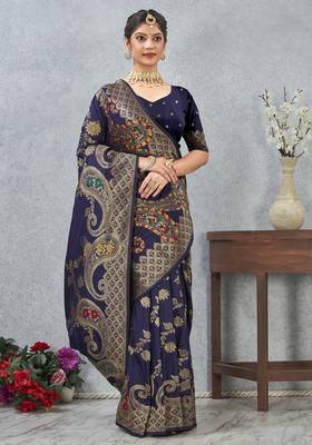 navy blue color banarasi silk blend meenakari work saree with blouse 2
