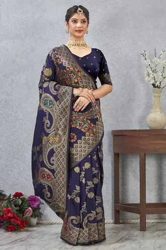 navy blue color banarasi silk blend meenakari work saree with blouse