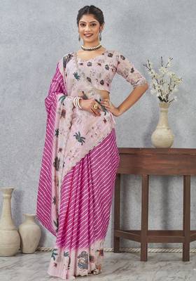 Pink color zirkon cut border worksatin digital printed saree with blouse 1