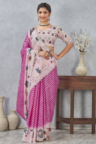 Pink color zirkon cut border worksatin digital printed saree with blouse