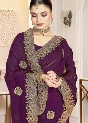 Wine color zirkon work & codding embroidered fendy satin silk blend  saree with blouse 2