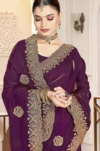 Wine color zirkon work & codding embroidered fendy satin silk blend  saree with blouse