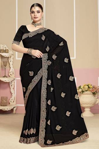 Black color zirkon work & codding embroidered georgette saree with blouse