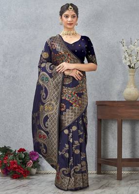 navy blue color banarasi silk blend meenakari work saree with blouse 3